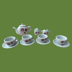 VTG Miniature Porcelain Child’s Tea Set Red Flower Butterfly 11 pc Toy Play Doll